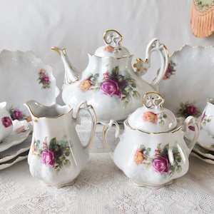 Vintage QC Porcelain Tea Set with Pink and Yellow Roses Gold Trim Teapot Sugar Bowl Creamer and Cups