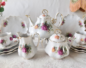 Vintage QC Porcelain Tea Set with Pink and Yellow Roses Gold Trim Teapot Sugar Bowl Creamer and Cups