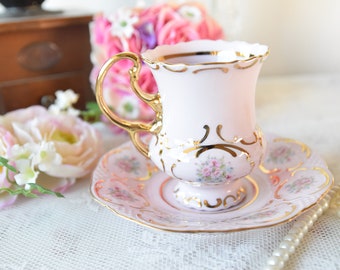 Vintage teacup and saucer pink porcelain by VV