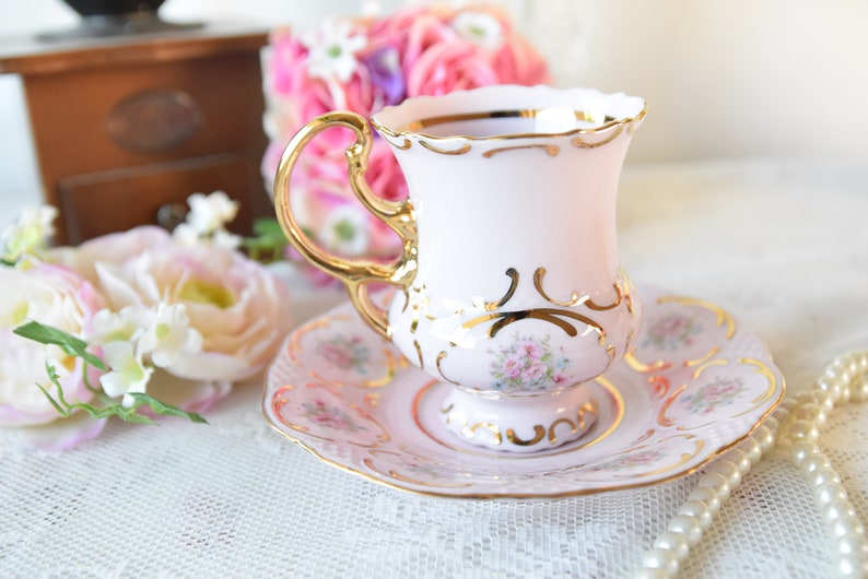 Vintage teacup and saucer pink porcelain by VV image 1