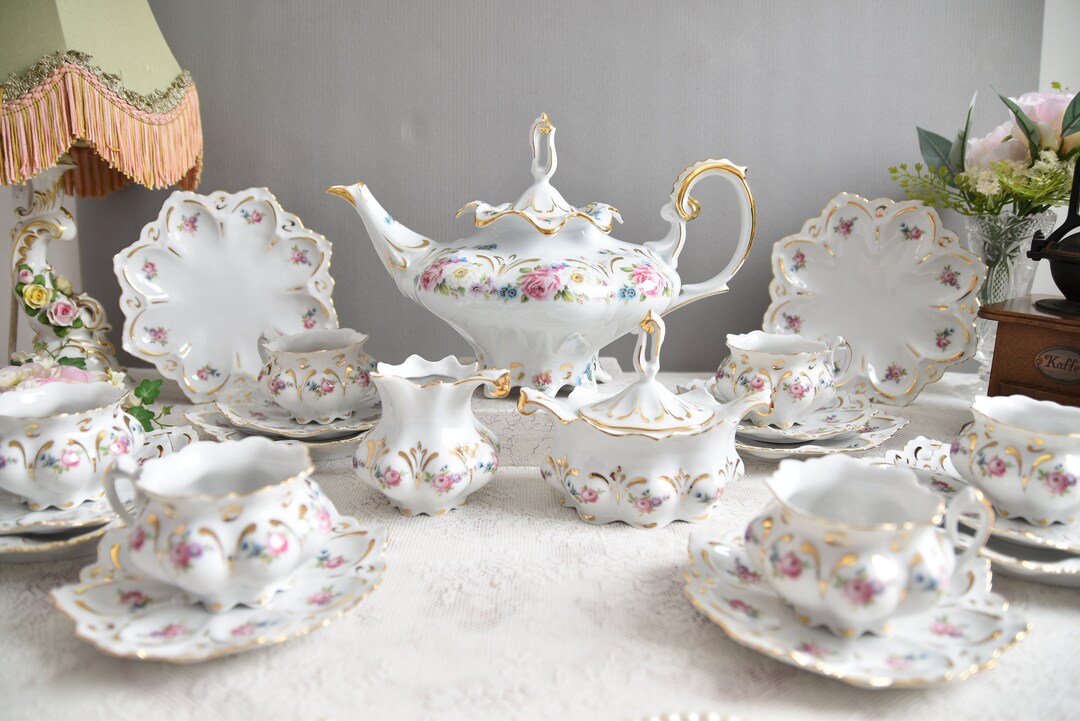 Vintage Tea Set With Roses, Porcelain Tea Set With Tea Pot, Floral Tea Cup Set, Antique Tea