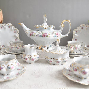 Juego de té vintage con rosas, juego de té de porcelana con tetera, juego de tazas de té floral, juego de servicio de té antiguo para 6 juegos de té de oro de 24K, juego de té de rosas