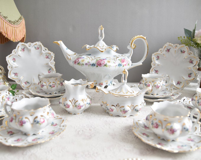 Vintage Tea Set with Roses, Porcelain Tea Set with Tea Pot, Floral Tea Cup Set, Antique Tea Service Set for 6 24K Gold Tea Set, Rose Tea Set