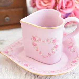 Heart shaped vintage inspired teacup and saucer pink porcelain by LL