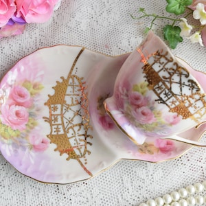 Meander Snack Set, Vintage Pink Porcelain Tea Cup and Plate with Roses and Raised Gold Design