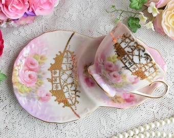 Meander Snack Set, Vintage Pink Porcelain Tea Cup and Plate with Roses and Raised Gold Design