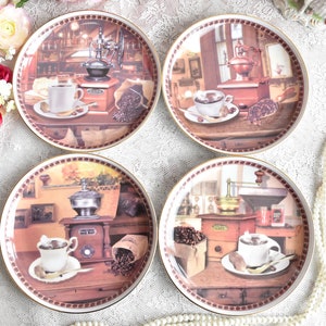 Vintage illustrated porcelain dessert plate set with coffee grinder Karolina