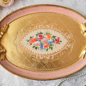 Florentine oval tray for coffee table with handpainted floral decoration, Gold serving tray decoration, Decorative trays vintage, Gold tray