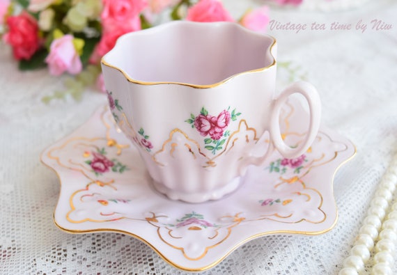Vintage tea cup set floral porcelain Slavic porcelain pink set HCH tea cups rose porcelain vintage tea set teacup saucer