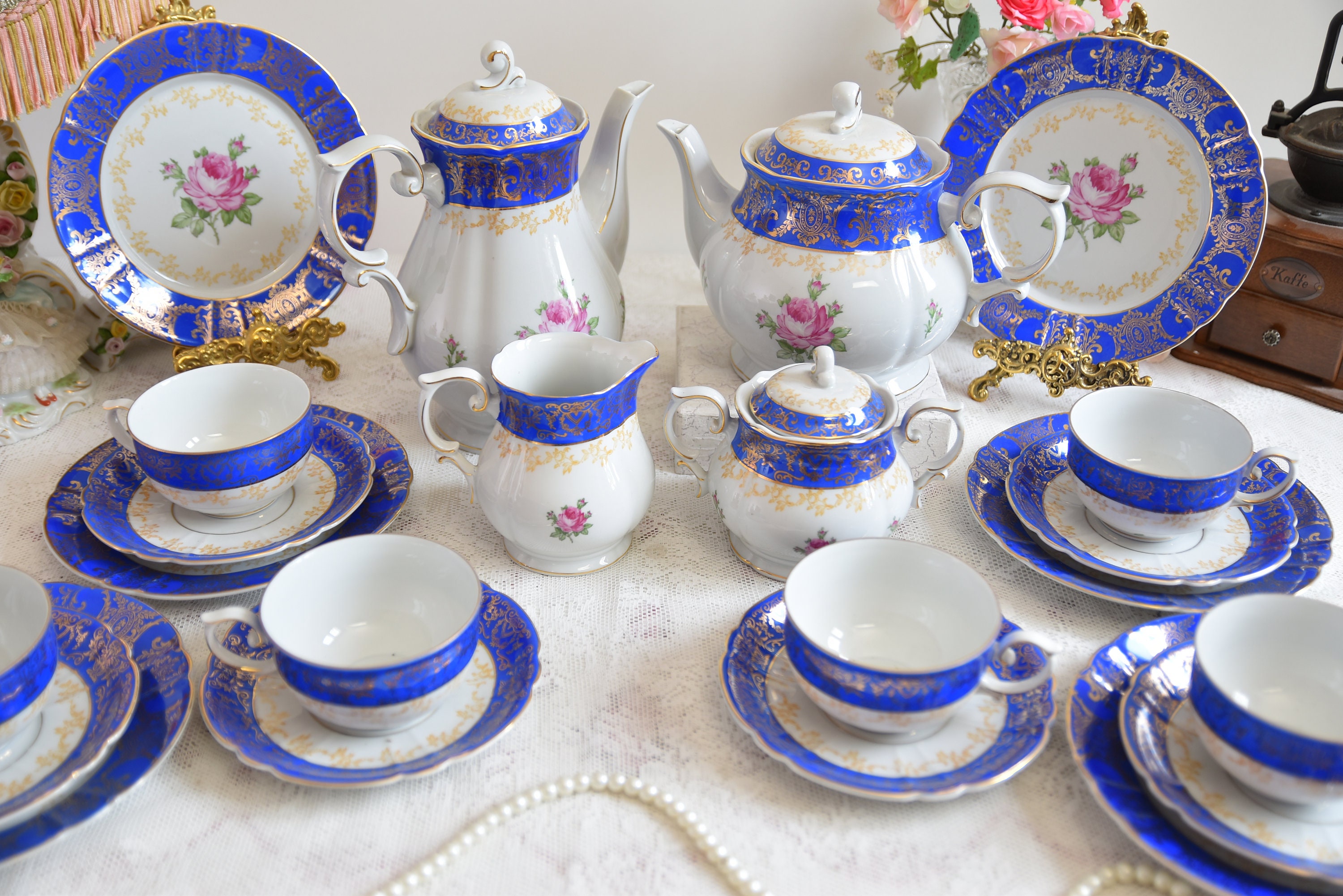Oscar Schlegelmilch Cobalt Blue Tea Set, Vintage German Porcelain