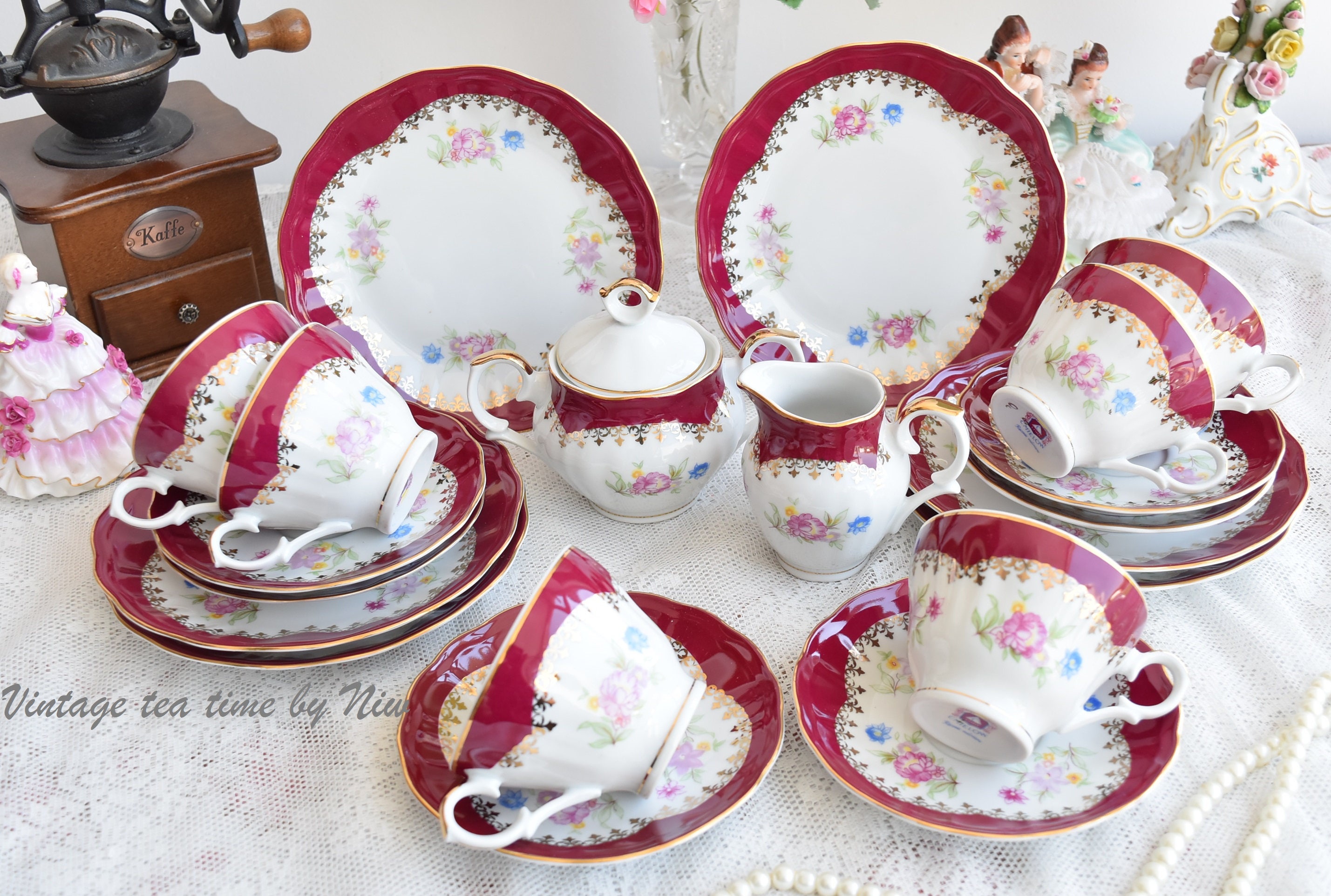 Vintage porcelain tea set hand painted Ćmielów Poland tea cup Etsy