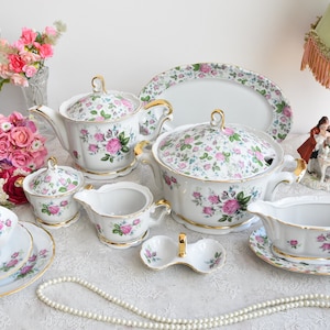 QC Fine Porcelain Tea Set with Pink Rose Pattern and Gold Trim, Vintage Floral Dinnerware