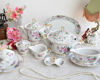 QC Fine Porcelain Tea Set with Pink Rose Pattern and Gold Trim, Vintage Floral Dinnerware
