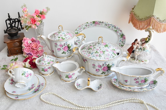 QC Feines Porzellan Tee-Set mit rosa Rosenmuster und Goldrand, Vintage Floral Geschirr