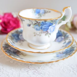 Royal Albert Moonlight Rose Trio, Vintage Blue Floral Teacup Saucer Plate, English Bone China