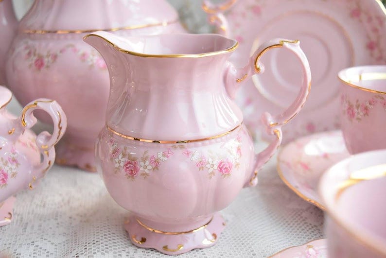Juego de té vintage con flores y decoración dorada, juego de té de porcelana con tetera, juego de servicio de té antiguo para 6, juego de té de oro de 24 quilates imagen 6