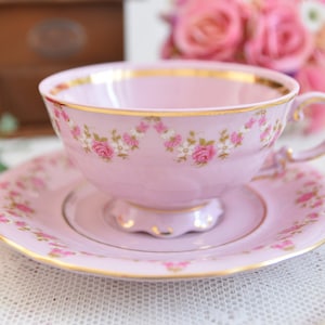 Pink porcelain antique inspired tea cups and saucers Gold, Vintage style pink teacup and saucer, Pretty tea cups and saucers for tea lovers