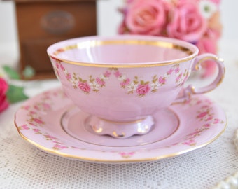 Tasses à thé et soucoupes en porcelaine rose d'inspiration antique Doré, tasse à thé et soucoupes roses de style vintage, Jolies tasses et soucoupes à thé pour les amateurs de thé