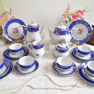 Oscar Schlegelmilch Cobalt Blue Tea Set, Vintage German Porcelain with Roses and Gold Trim