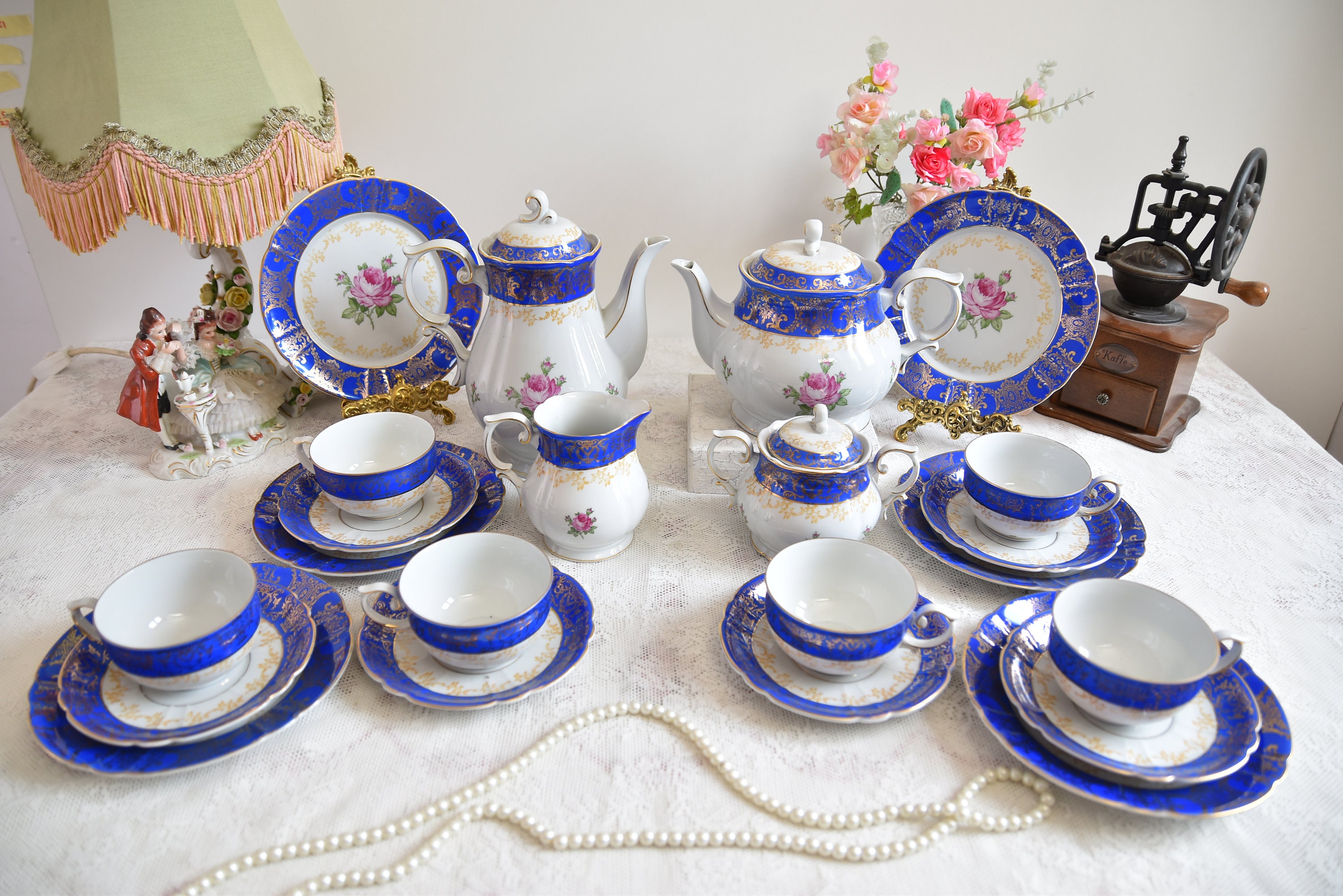 アンティーク 青いバラ柄 「imane」陶器キャニスターセット Oscar Schlegelmilch Cobalt Blue Tea Set, Vintage German Porcelain