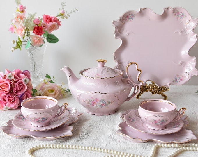 Vintage Pink China Tea Set Pink Porcelain Tea Set With Tea Etsy