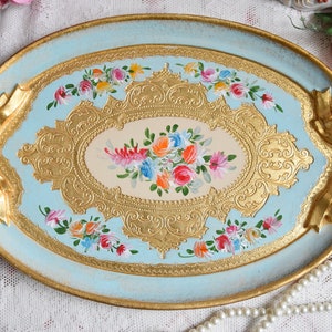 Handmade Italian wooden tray oval handpainted light blue colour