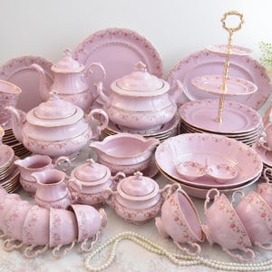 Pink porcelain dinner set for 6 with tea and coffee service made in Czech
