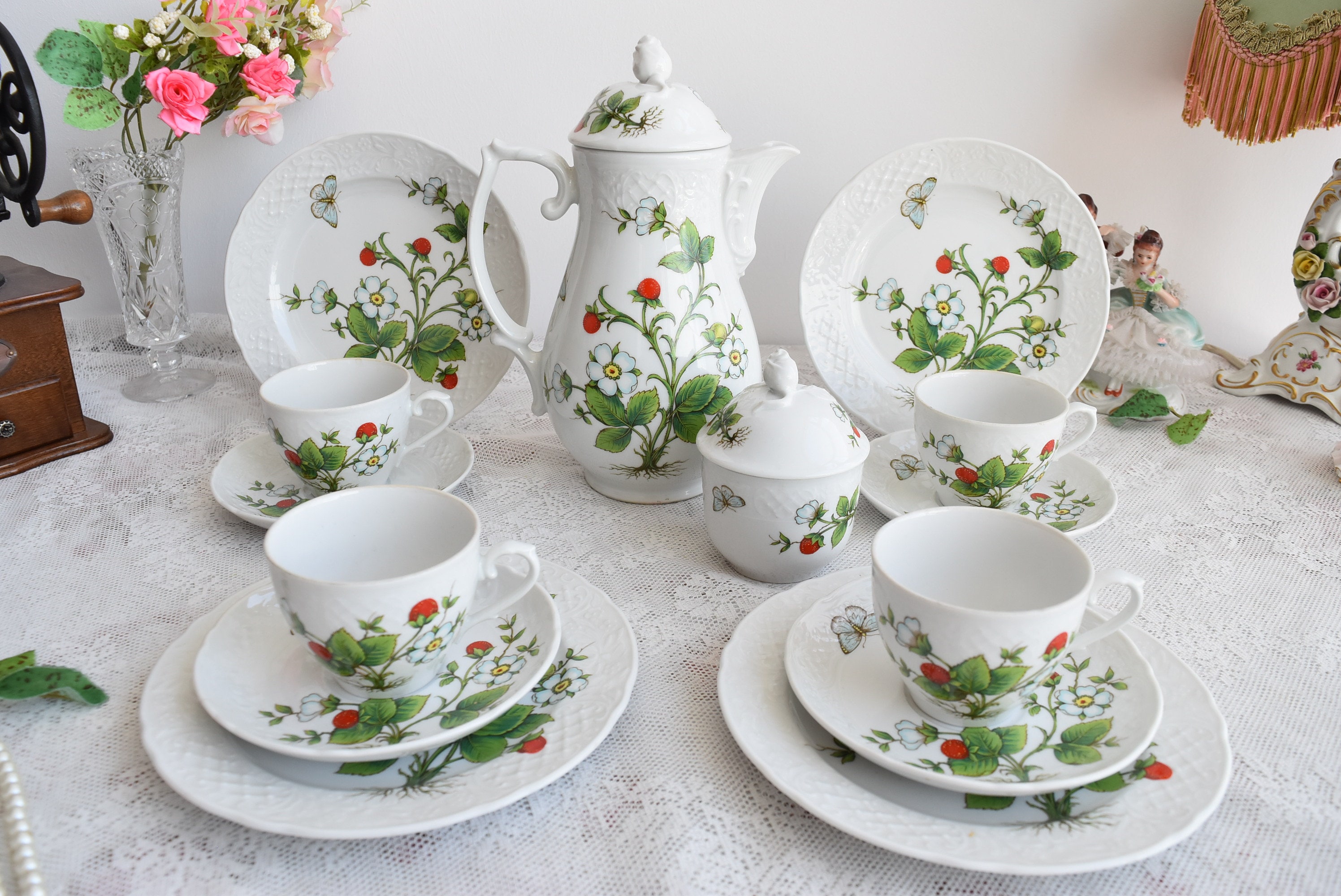 Schumann Arzberg Porcelain Tea Set With Wild Strawberry Motif