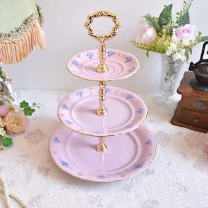 Tiered Cake Stand for Vintage Wedding Antique Cupcake Stand Vintage Pink Floral Porcelain Three Dessert Stand Cupcake Display Stand