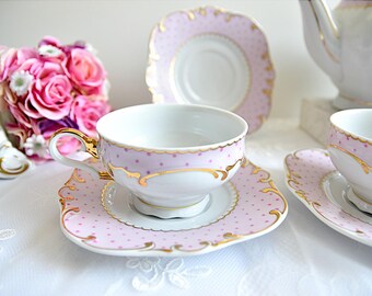 ヴィンテージ磁器製ティーセット、ピンクの花柄、24金メッキ