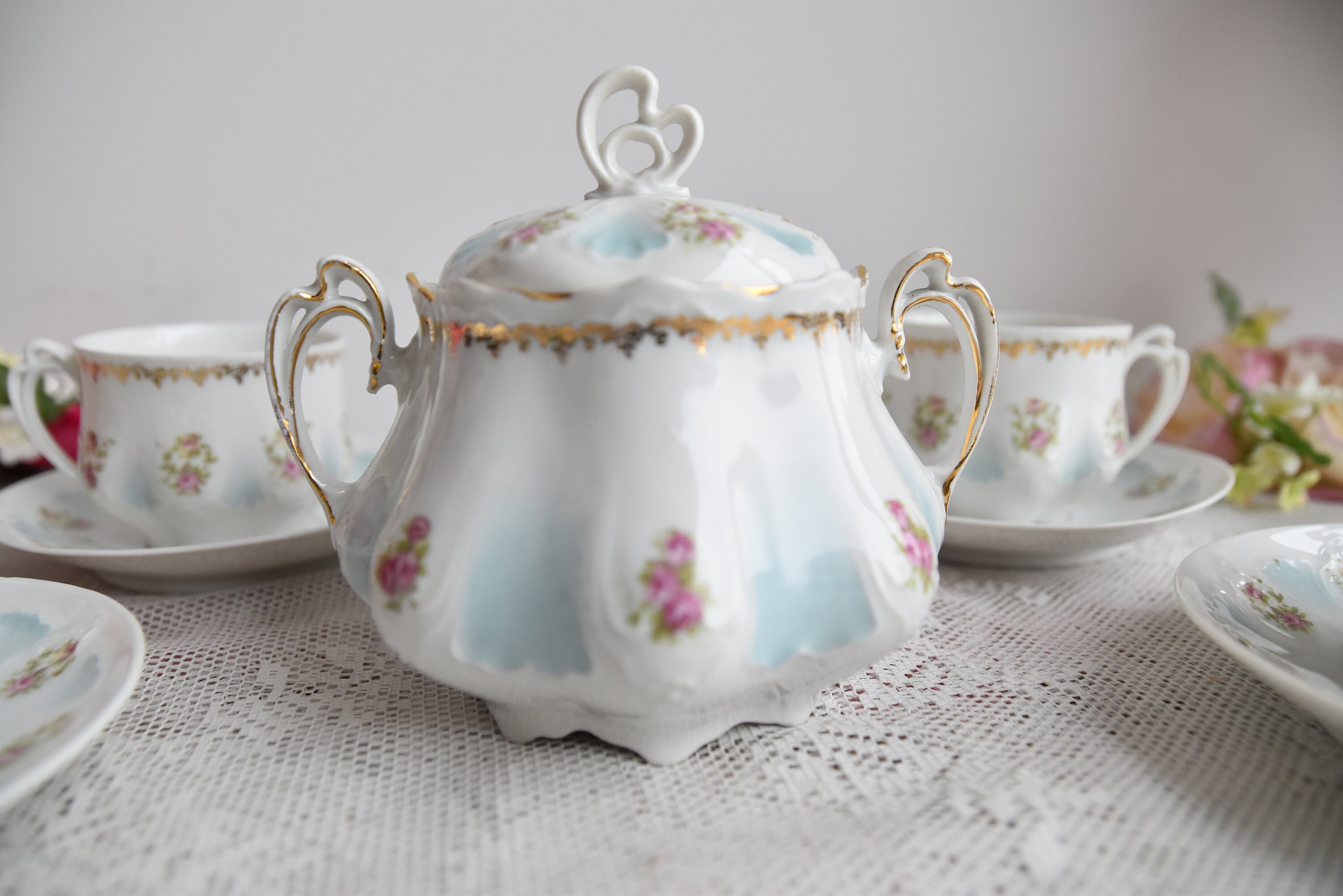 Antique MZ Austria Tea Set, Blue Ombre Porcelain With Rose