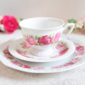 Rosenthal Vintage Teacup Trio, Pink Rose Porcelain Tea Set, Romantic German Fine China