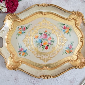 Vintage White Tray, Vintage Gold Tray, Ornate Small Tray for Table, White Florentine Tray with Handles, Antique Gold Tray, White Gold Decor