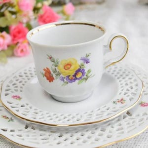Vintage Schumann Arzberg Tea Cup and Saucer with Reticulated Dessert Plate, Floral Motif, German Porcelain