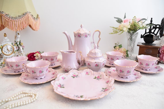 H&H Fairylove Set Di 4 Tazze Da Tè Con Piattino In Stoneware - Rosa - Lavabili In Lavastoviglie E Microonde