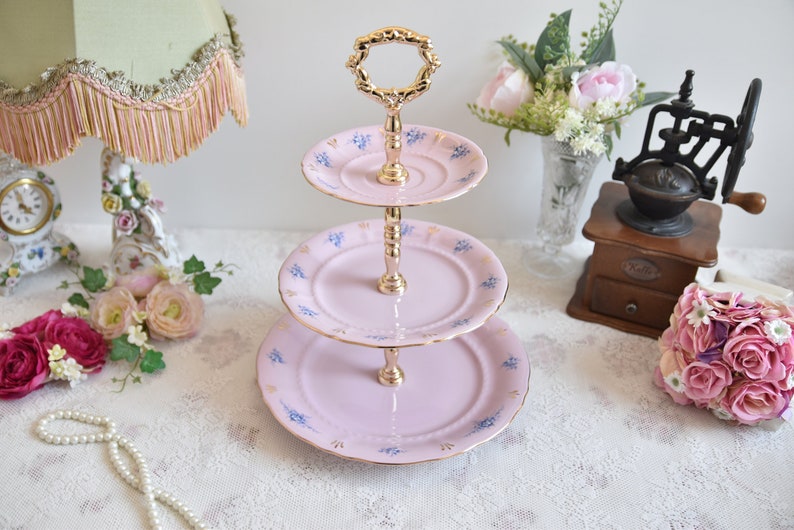 3-level cake stander pink porcelain with forget-me-not floral decoration