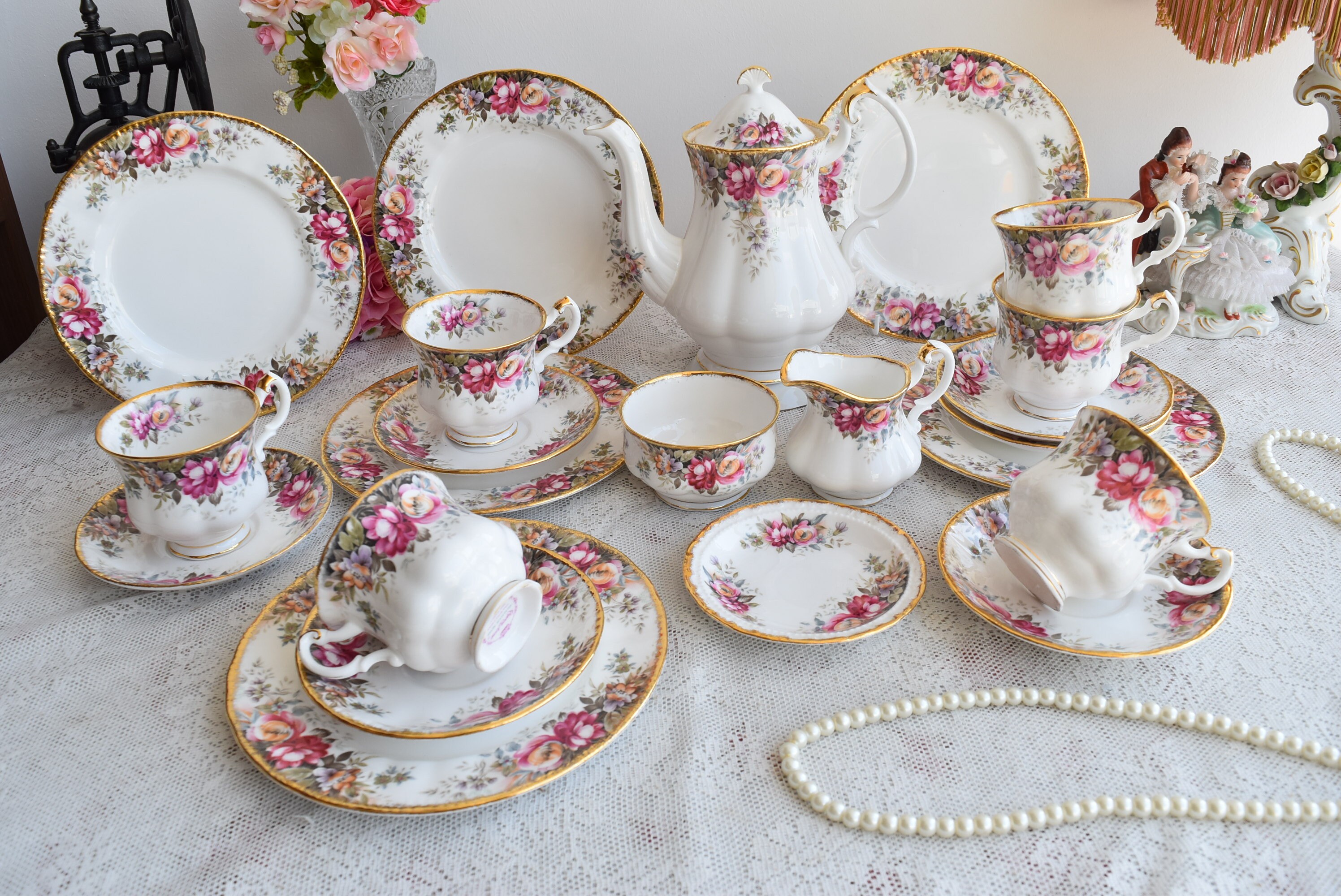 Queen Anne Summer Rose Fine Bone China England tea set vintage Etsy