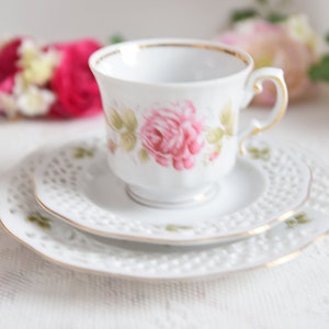 Vintage German Tea Trio with Pink Rose Motif, Reticulated Porcelain Plates and Gold Trim