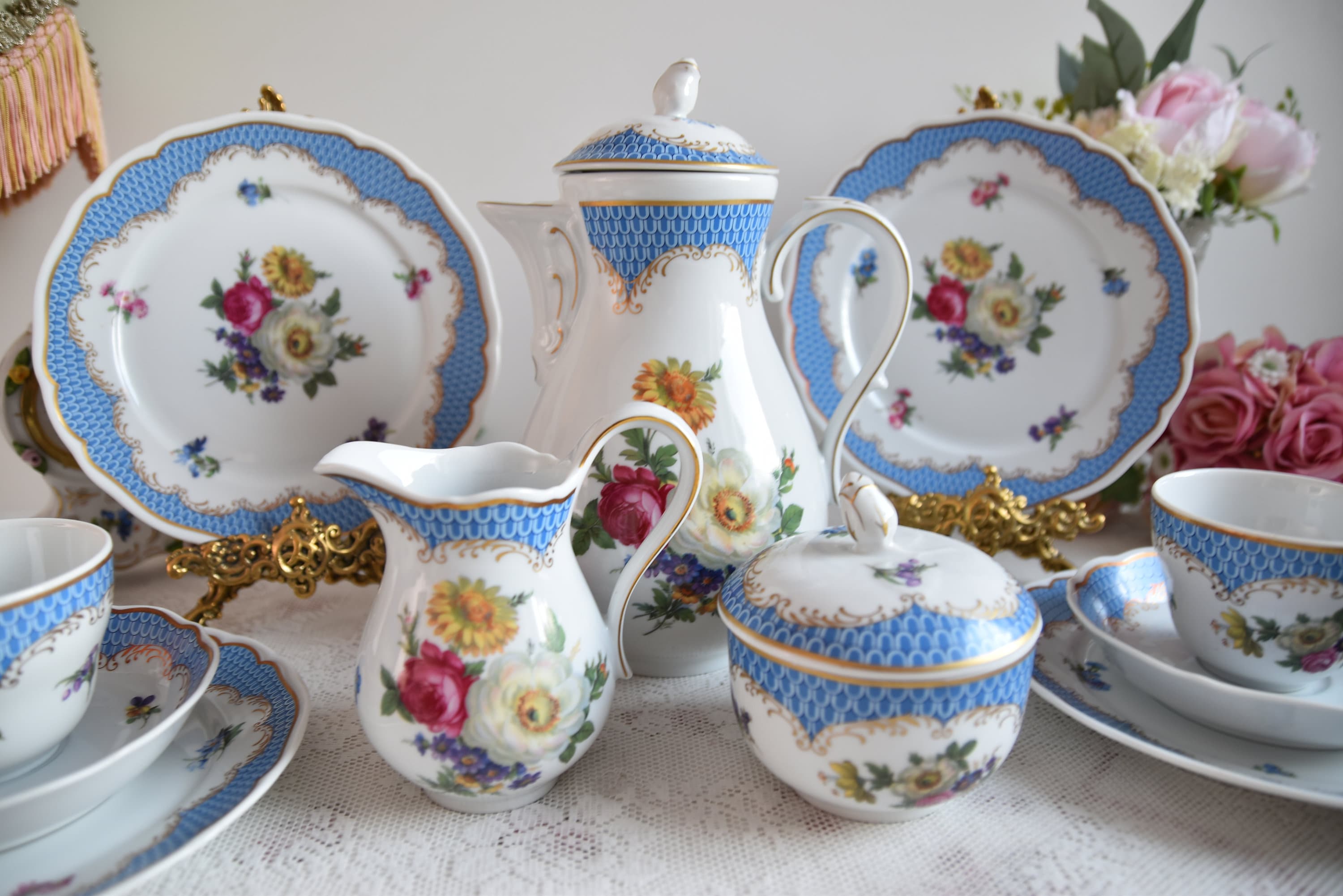Tirschenreuth Bavarian Porcelain Tea Set, Blue Floral Vintage