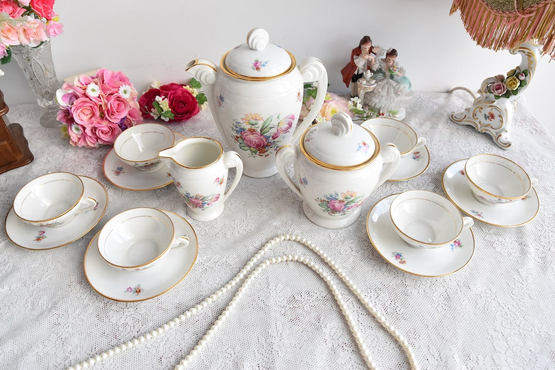 Vintage Floral Porcelain Tea Set With Gold Trim – Elegant Unmarked - Etsy
