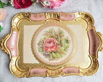 Display Tray Vintage, Painted Tray Wooden, Italian Wooden Tray, Antique Tray Centerpiece, Floral Tray with Handles, Vintage Italian Decor