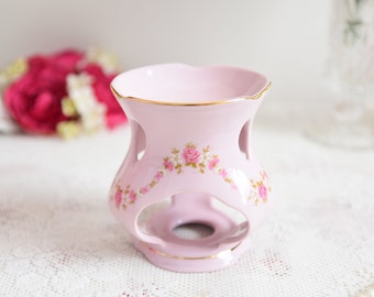 Pink porcelain Aroma lamp oil burner with flowers and 24 karat gold decorations for aromatherapy oil difuser