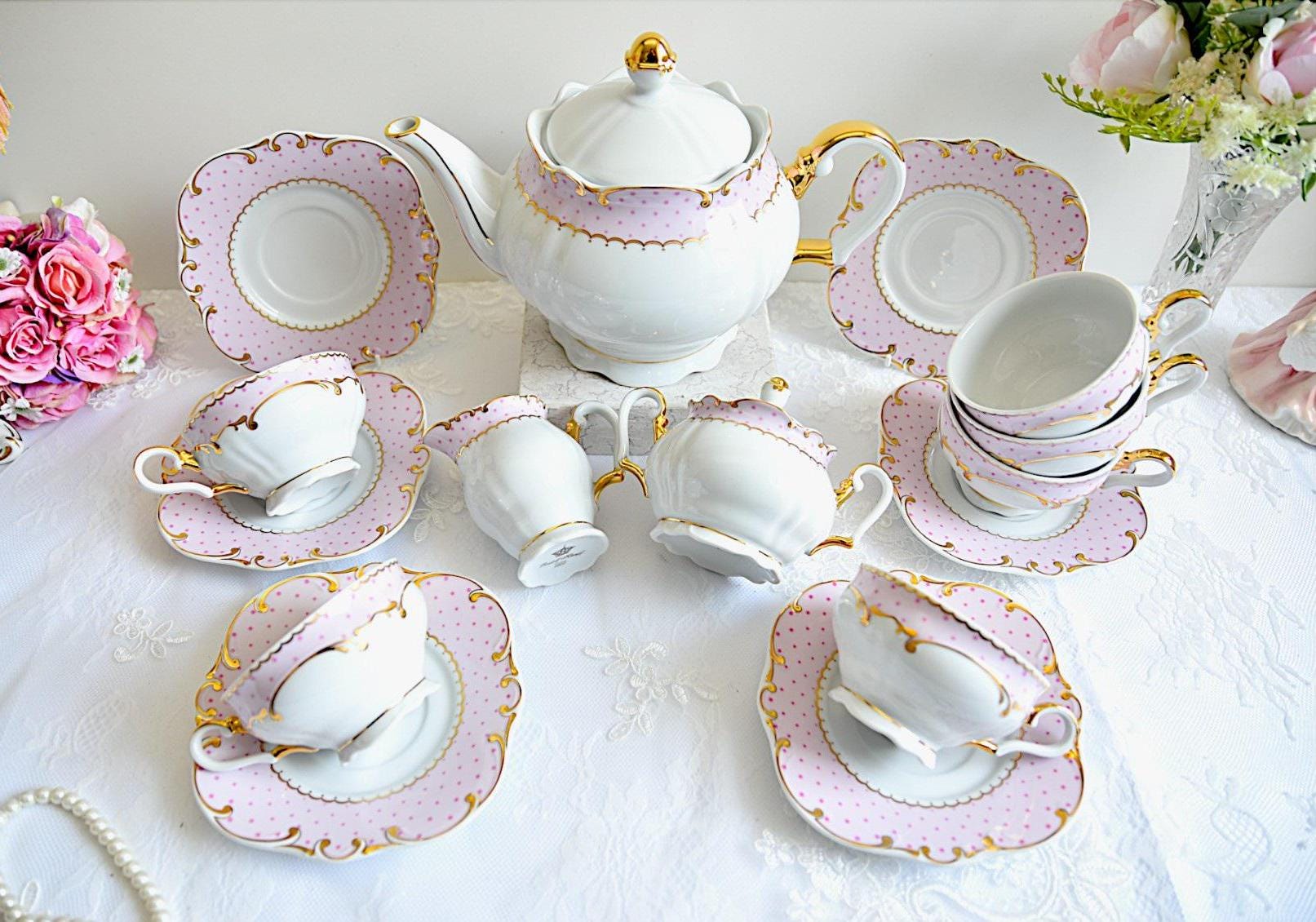 Servizio Da Tè In Ceramica Rosa E Oro | Teiera E Tazze Per 6 Persone | Stile Vintage - Foto 9