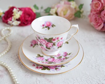 英国製ヴィンテージ ボーンチャイナ 花柄ボウル17cm5枚セット クイーンアントリオ、ピンクローズティーカップセット、金縁の英国製