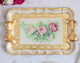 Small handmade Italian wooden tray rectangular shape ivory color