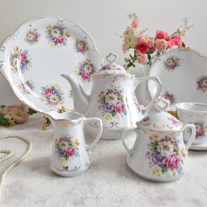 Vintage Chodziez Tee-Set mit Blumenmuster Gold Trim Polish Porzellan Teekanne Zuckerdose Milchkännchen 2 Tassen und Teller