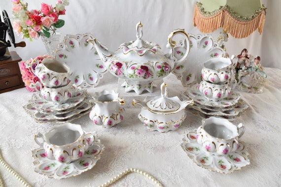 Vintage Tea Set With Roses, Porcelain Tea Set With Tea Pot, Floral