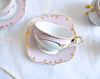 22カラット金メッキ 花柄ティーセット ヴィンテージ磁器製ティーセット、ピンクの花柄、24金メッキ