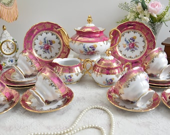Vintage Tea Set with flowers and gold decoration, Porcelain Tea Set with Tea Pot, Antique Tea Service Set for 6 24K Gold Tea Set