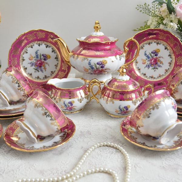 Vintage Tea Set with flowers and gold decoration, Porcelain Tea Set with Tea Pot, Antique Tea Service Set for 6 24K Gold Tea Set